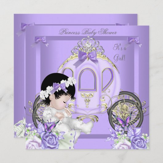 ベビーシャワーガールプリンセス車用ラベンダー 招待状 (正面/裏面)