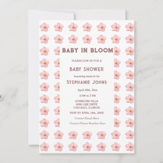 ベビーシャワーガールベビーイン開花ピンクフローラトレンディー 招待状 (正面)