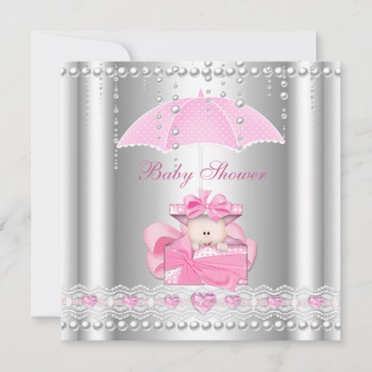ベビーシャワーガールベビーピンクアンブレラパールシルバー 招待状 (正面)