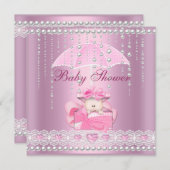 ベビーシャワーガールベビーピンクアンブレラパールホワイト 招待状 (正面/裏面)