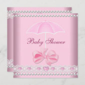ベビーシャワーガールベビーピンクアンブレラパールレース 招待状 (正面/裏面)