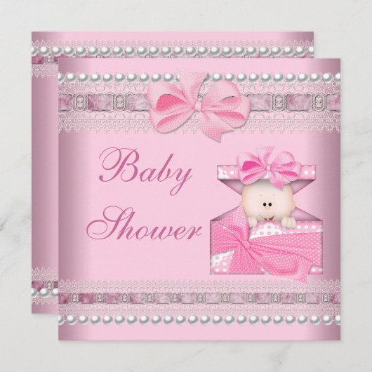 ベビーシャワーガールベビーピンクギフトパールレース 招待状 (正面/裏面)