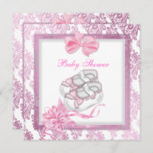 ベビーシャワーガールベビーピンクシューズダマスクホワイト 招待状 (正面/裏面)