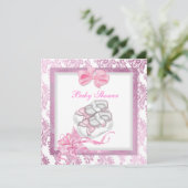 ベビーシャワーガールベビーピンクシューズダマスクホワイト 招待状 (スタンド正面)