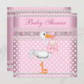 ベビーシャワーガールベビーピンクスポットパールストーク 招待状 (正面/裏面)
