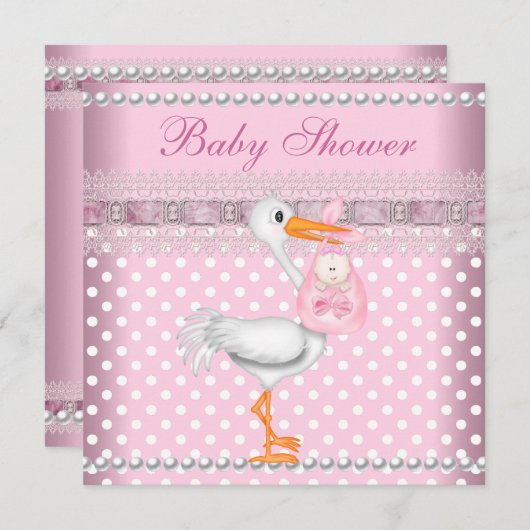 ベビーシャワーガールベビーピンクスポットパールストーク 招待状 (正面/裏面)