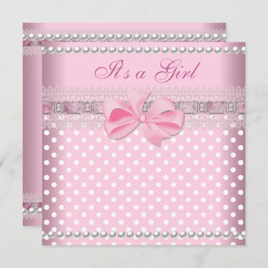ベビーシャワーガールベビーピンクスポットパールレース 招待状 (正面/裏面)