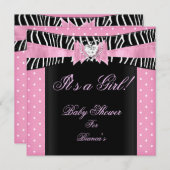 ベビーシャワーガールベビーピンクブラックゼブラ水玉模様 招待状 (正面/裏面)