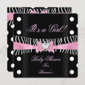 ベビーシャワーガールベビーピンクブラックゼブラ水玉模様 招待状 (正面/裏面)