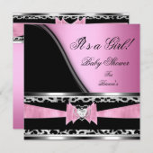 ベビーシャワーガールベビーピンクブラックヒョウ 招待状 (正面/裏面)