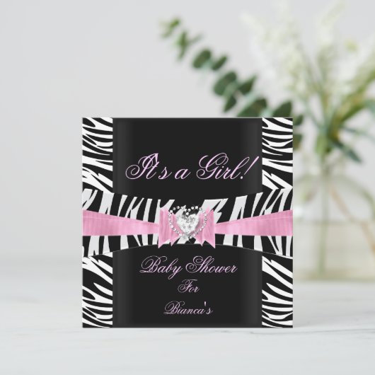 ベビーシャワーガールベビーピンク白黒ゼブラ 招待状 (スタンド正面)