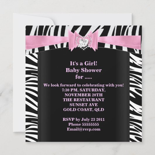 ベビーシャワーガールベビーピンク白黒ゼブラ 招待状 (裏面)