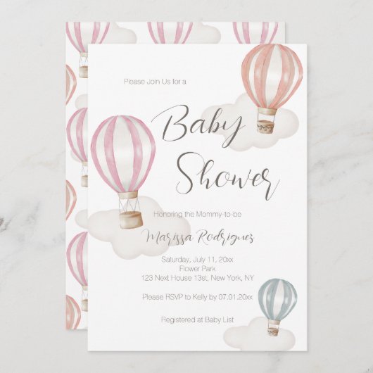ベビーシャワーガールホットエアバルーンパステルカラー 招待状 (正面/裏面)