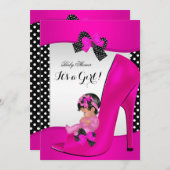 ベビーシャワーガールホットピンクベビーシューズ水玉模様 招待状 (正面/裏面)