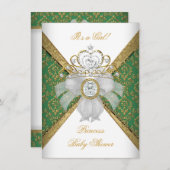 ベビーシャワーガールホワイトグリーンプリンセスダマスク 招待状 (正面/裏面)