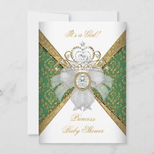 ベビーシャワーガールホワイトグリーンプリンセスダマスク 招待状 (正面)