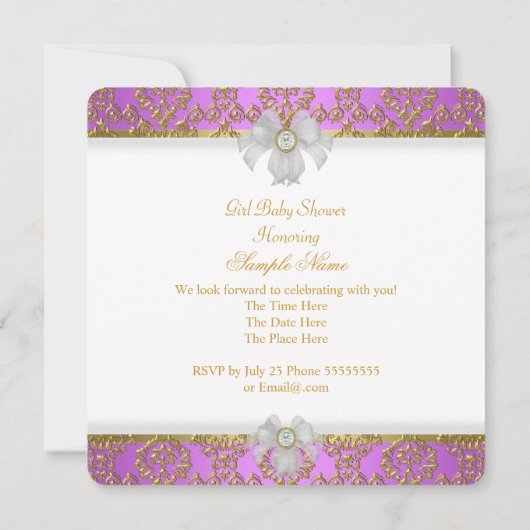ベビーシャワーガールホワイトパープルプリンセスダマスク 招待状 (裏面)