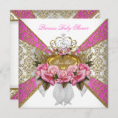 ベビーシャワーガールホワイトピンクプリンセスダマスクバラ2 招待状 (正面/裏面)