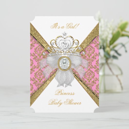 ベビーシャワーガールホワイトピンクプリンセスダマスク2 招待状 (スタンド正面)