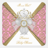 ベビーシャワーガールホワイトピンクプリンセスダマスク スクエアシール (正面)