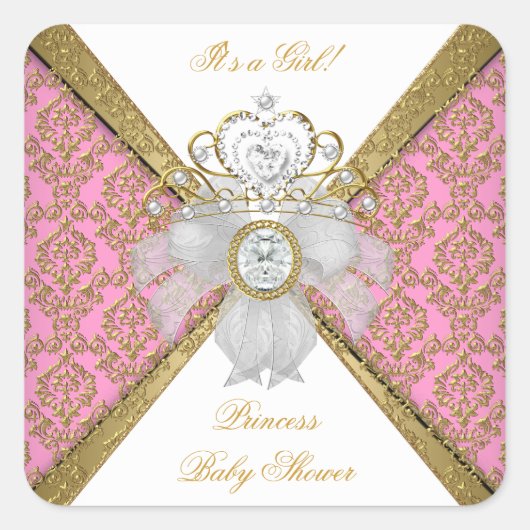 ベビーシャワーガールホワイトピンクプリンセスダマスク スクエアシール (正面)
