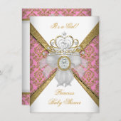 ベビーシャワーガールホワイトピンクプリンセスダマスク 招待状 (正面/裏面)