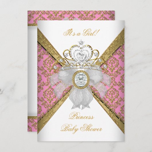 ベビーシャワーガールホワイトピンクプリンセスダマスク 招待状 (正面/裏面)