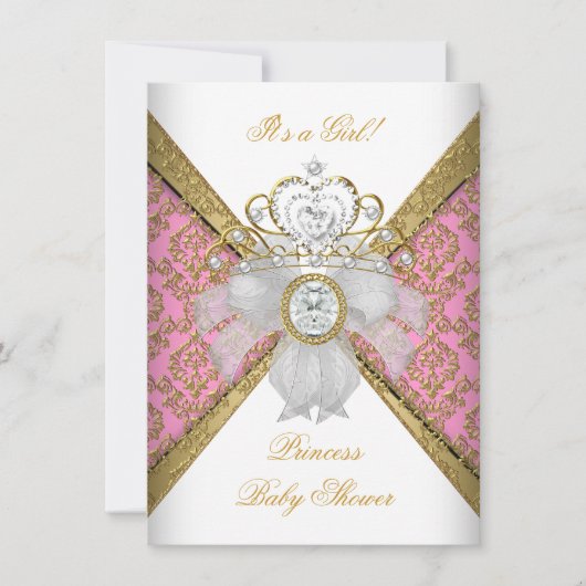 ベビーシャワーガールホワイトピンクプリンセスダマスク 招待状 (正面)