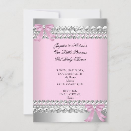 ベビーシャワーガールホワイトピンクプリンセスティアラジェム2 招待状 (裏面)