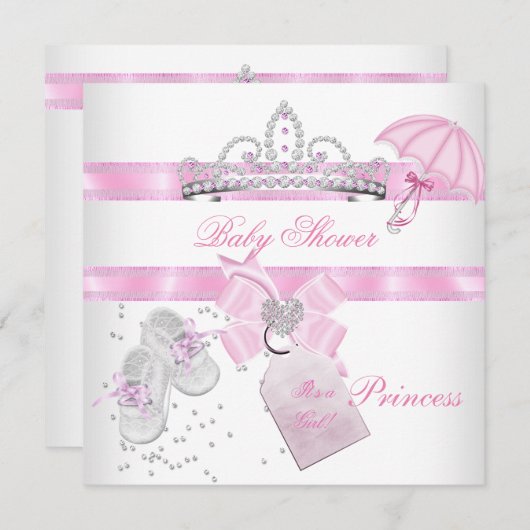 ベビーシャワーガールホワイトピンクプリンセスティアラマジカル 招待状 (正面/裏面)