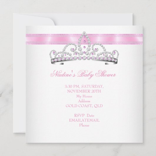 ベビーシャワーガールホワイトピンクプリンセスティアラマジカル 招待状 (裏面)