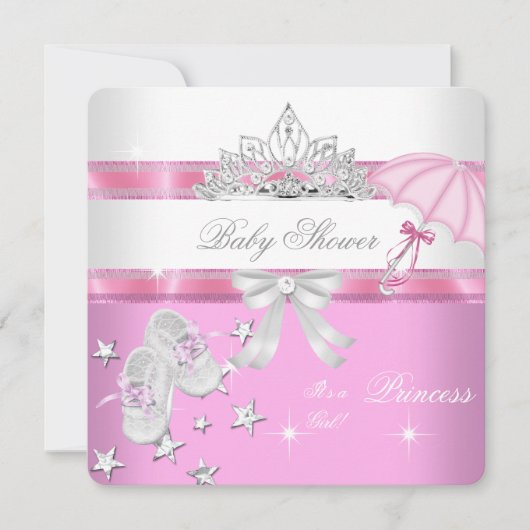 ベビーシャワーガールホワイトピンクプリンセスティアラマジカル 招待状 (正面)