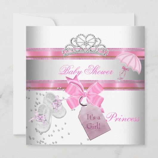 ベビーシャワーガールホワイトピンクプリンセスティアラマジカル 招待状 (正面)