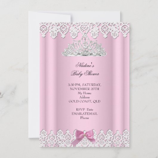 ベビーシャワーガールホワイトピンクプリンセスティアラレース 招待状 (裏面)