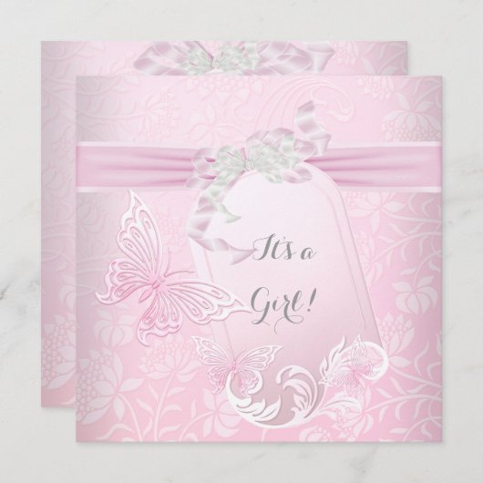 ベビーシャワーガールホワイトピンクプリンセス蝶 招待状 (正面/裏面)
