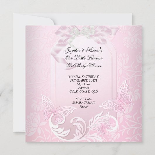 ベビーシャワーガールホワイトピンクプリンセス蝶 招待状 (裏面)