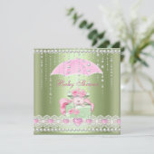 ベビーシャワーガールボーイベビーピンクミントアンブレラパール 招待状 (スタンド正面)