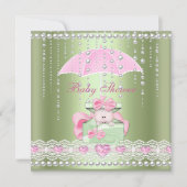 ベビーシャワーガールボーイベビーピンクミントアンブレラパール 招待状 (正面)