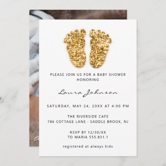 ベビーシャワーガールボーイ足グリッター写真金ゴールド 招待状 (正面/裏面)