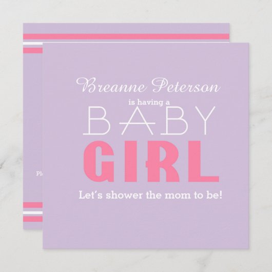 ベビーシャワーガールラベンダーピンククラシッククモダンルック 招待状 (正面/裏面)