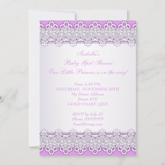 ベビーシャワーガールラベンダーレースパールエスニック 招待状 (裏面)