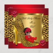 ベビーシャワーガールレッドローゼス金ゴールド野生ヒョウ2 招待状 (正面/裏面)