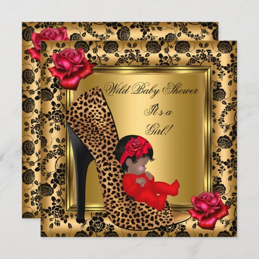 ベビーシャワーガールレッドローゼス金ゴールド野生ヒョウ4 招待状 (正面/裏面)