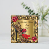 ベビーシャワーガールレッドローゼス金ゴールド野生ヒョウ4 招待状 (スタンド正面)