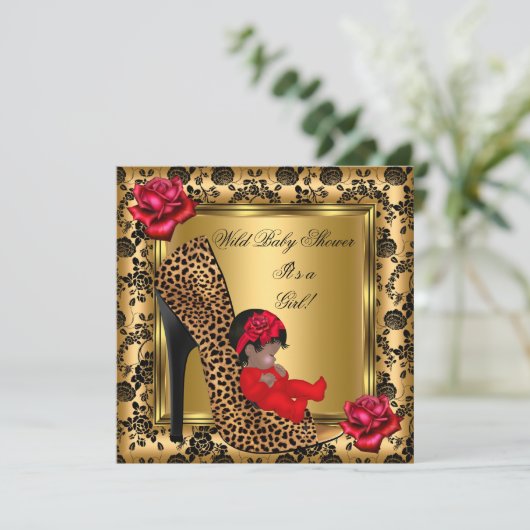 ベビーシャワーガールレッドローゼス金ゴールド野生ヒョウ4 招待状 (スタンド正面)