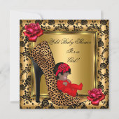 ベビーシャワーガールレッドローゼス金ゴールド野生ヒョウ4 招待状 (正面)