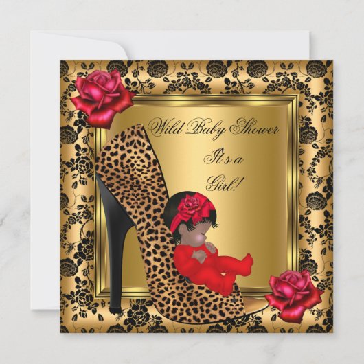 ベビーシャワーガールレッドローゼス金ゴールド野生ヒョウ4 招待状 (正面)