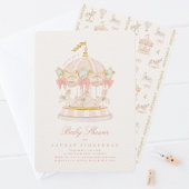 ベビーシャワーガール回転木馬おとぎ話ボウズピンク 招待状