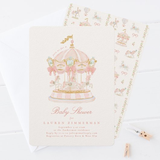 ベビーシャワーガール回転木馬おとぎ話ボウズピンク 招待状