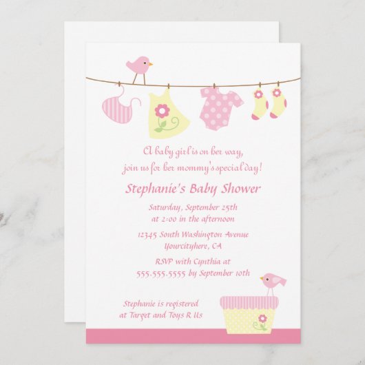 ベビーシャワーガール鳥洗パーティの招待状 招待状 (正面/裏面)
